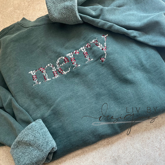 Merry Embroidered Crewneck | Christmas Comfort Color Crew | Simplistic Embroidered Merry Christmas