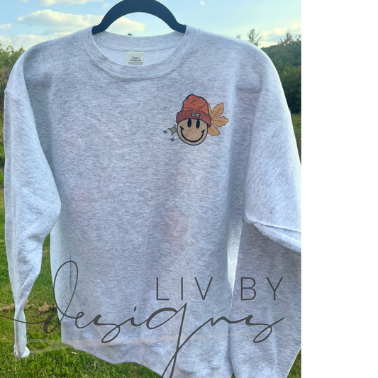 Fall Vibes Retro Smiley Crewneck | Hanes EcoSmart | Cozy Dye Sublimated Autumn Sweater