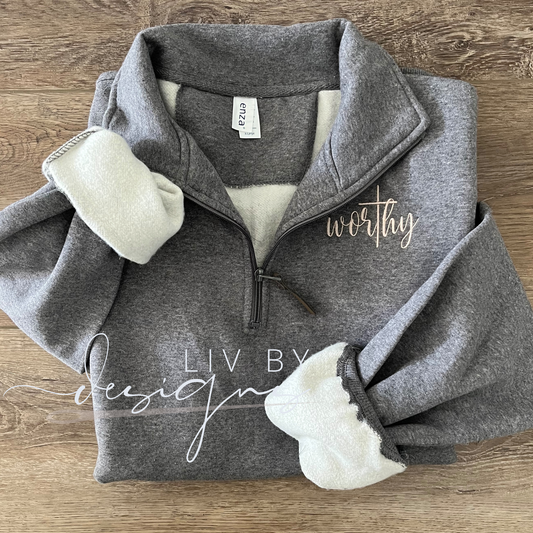 Embroidered “Worthy” Christian apparel | Pocket Chest Logo Embroidered Faith Based apparel | “Worthy” Enza Quarter Zip | Easter attire