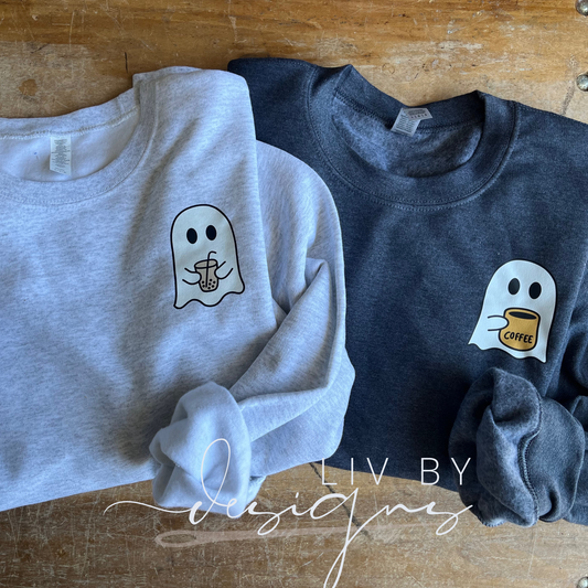 Cozy Ghost & Coffee Crewneck - "Hocus Pocus I Need Coffee to Focus" | Halloween Coffee Lover's Sweater