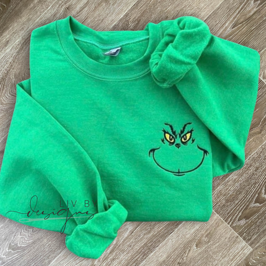 Grinch Face Embroidered Grinch Face Gildan Crewneck – Inspired by How the Grinch Stole Christmas