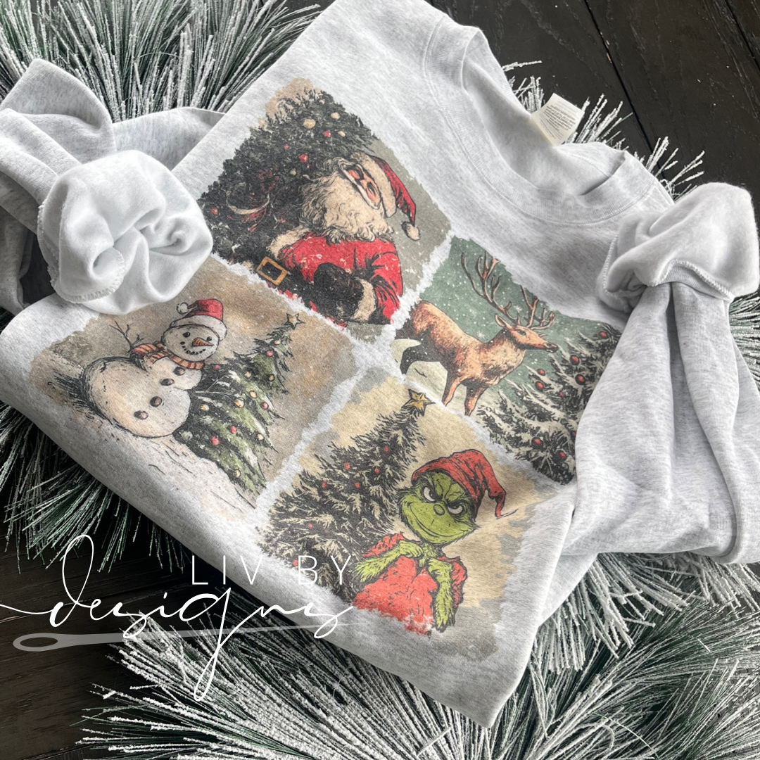 Vintage Christmas Characters Dye Sublimated Crewneck - Retro designed Christmas Pullover