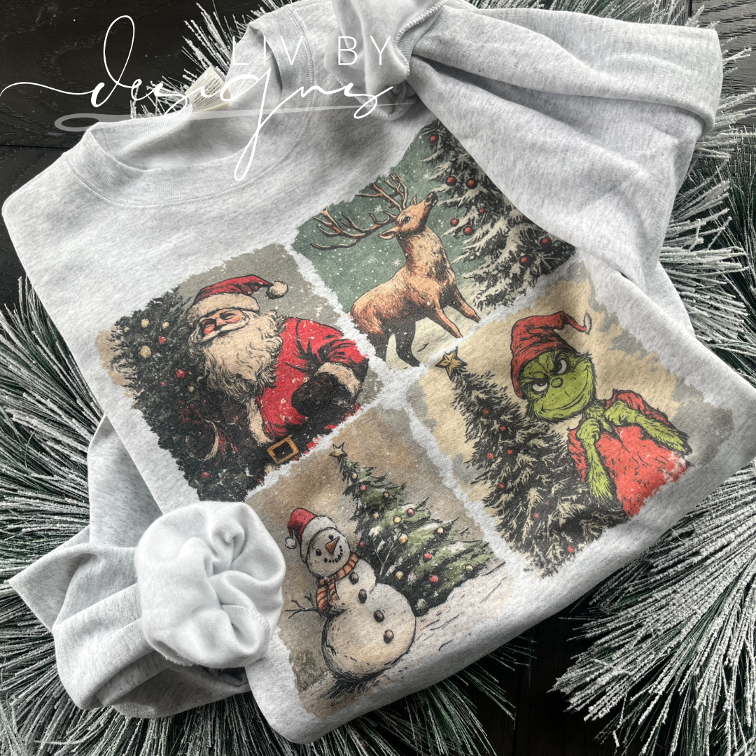 Vintage Christmas Characters Dye Sublimated Crewneck - Retro designed Christmas Pullover