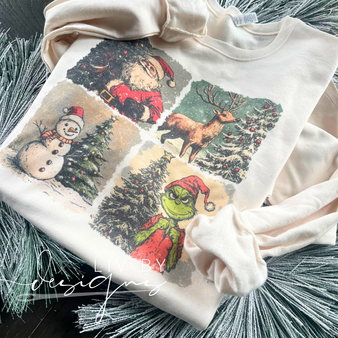 Vintage Christmas Characters Dye Sublimated Crewneck - Retro designed Christmas Pullover