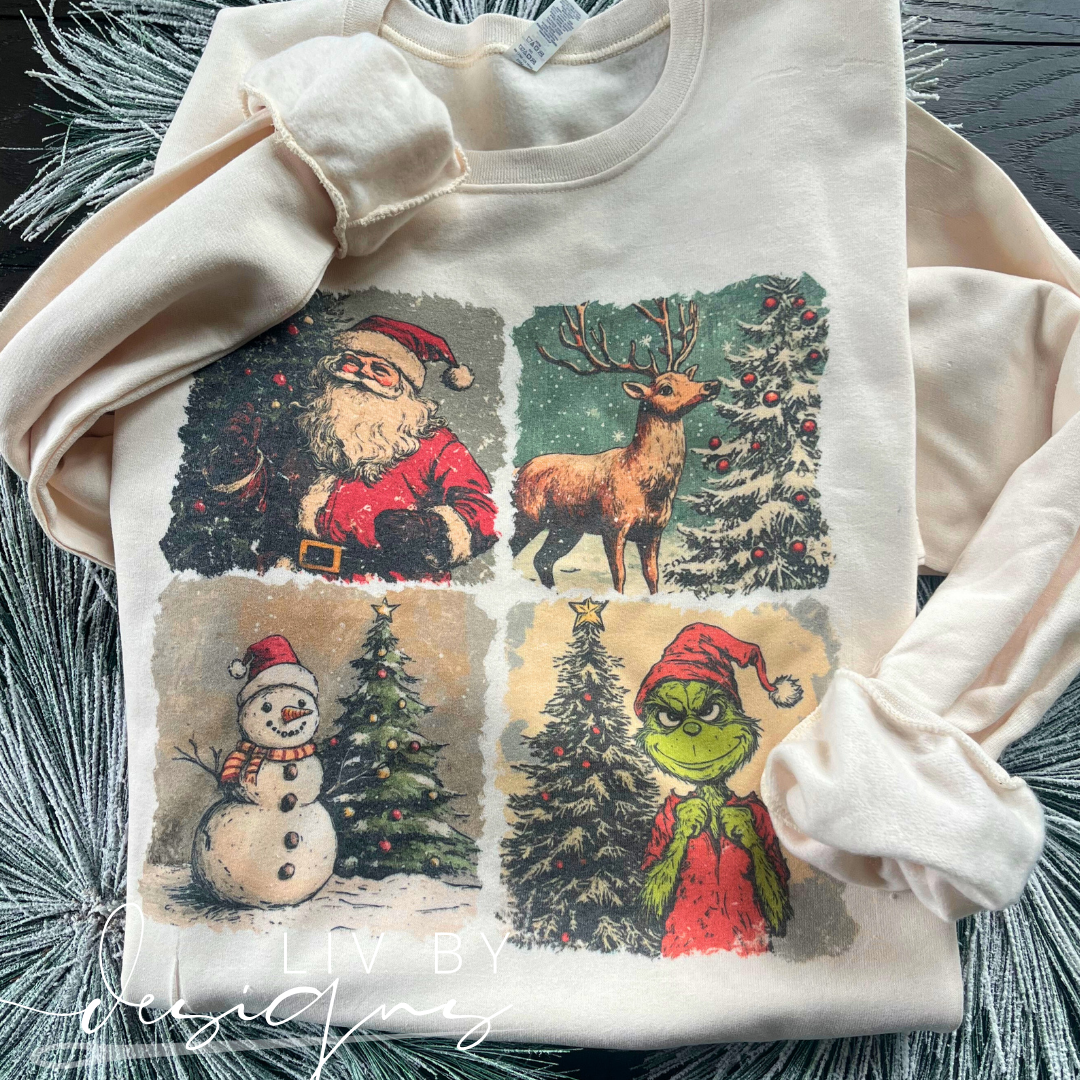 Vintage Christmas Characters Dye Sublimated Crewneck - Retro designed Christmas Pullover