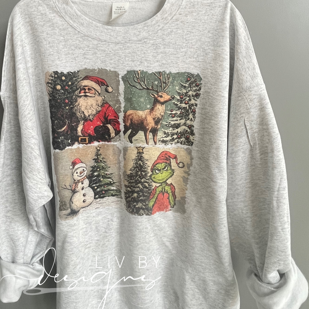 Vintage Christmas Characters Dye Sublimated Crewneck - Retro designed Christmas Pullover