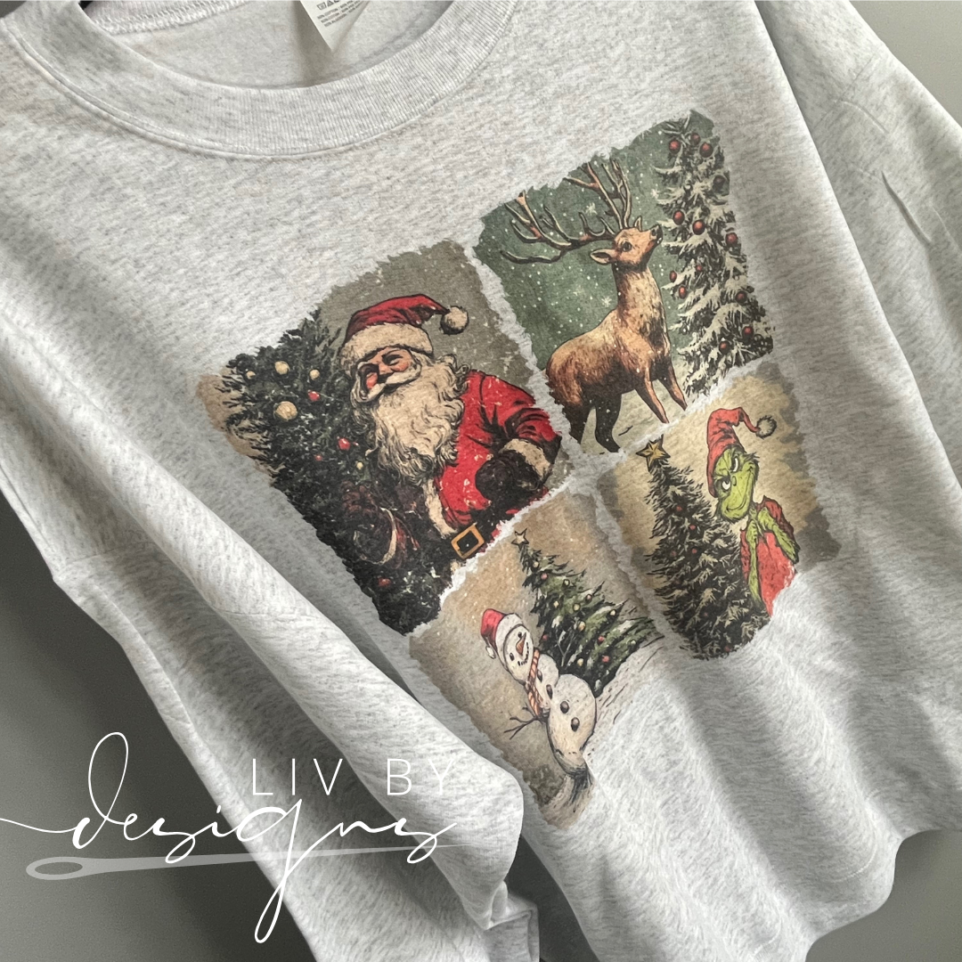 Vintage Christmas Characters Dye Sublimated Crewneck - Retro designed Christmas Pullover