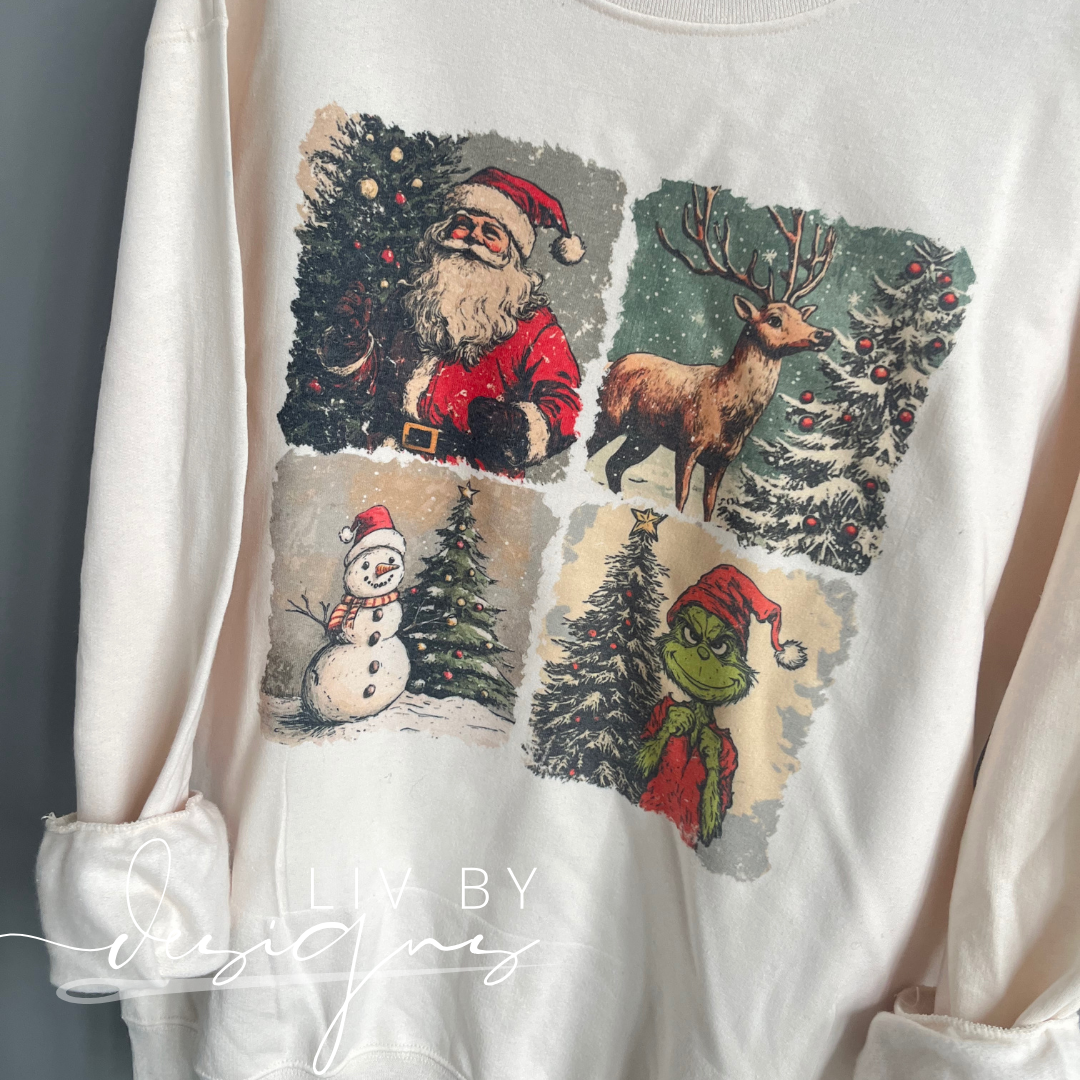 Vintage Christmas Characters Dye Sublimated Crewneck - Retro designed Christmas Pullover