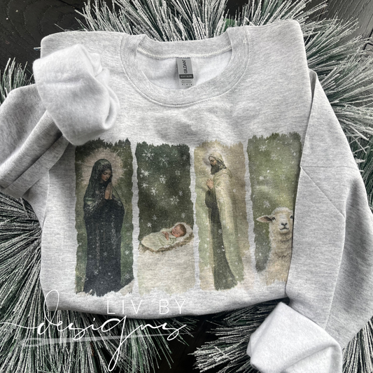 Vintage Christian Nativity Scene Dye Sublimated Crewneck - Retro designed Christmas Christian Pullover